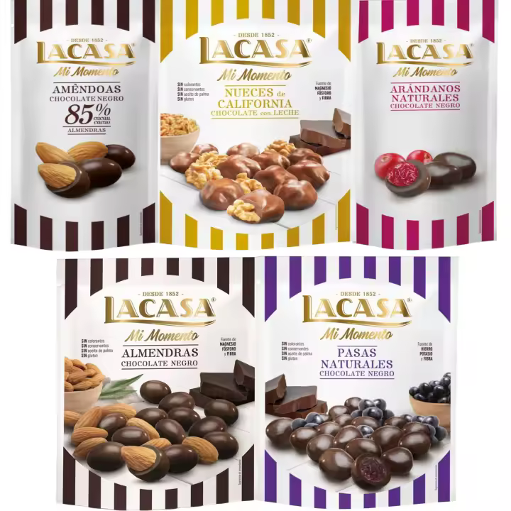 Lacasa Mi Momento pack de 5:Arándano choco Negro 60G,Almendra 85% 65G,Nueces Leche 115G,Pasas choco Negro 150G,Almendra choco Negro 125G - 1