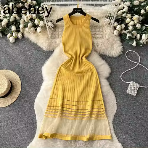 Vestido Midi Bodycon A-Line De Mujer Sin Mangas Patchwork Tejido Long Sundress Malla Elástica Estilo Callejero Verano 2024 - 1