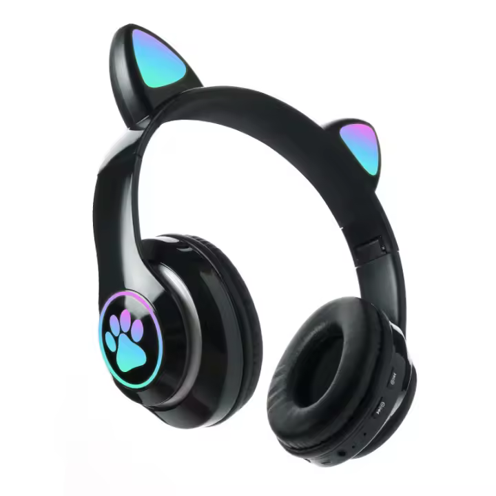 Bonitos auriculares inalámbricos Cat Ears con luz de flash, tarjeta TF, conector de 3,5 mm, micrófono con cancelación de ruido, control de volumen, cable desmontable, conectividad inalámbrica, compatibles con tabletas, batería recargable de polímero de li - 1