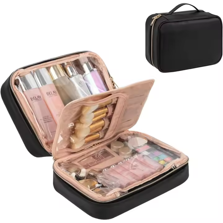 Bolsa de viaje para maquillaje, organizador de cosméticos impermeable de gran capacidad con compartimento para brochas y asa, accesorios de aseo de viaje. - 1