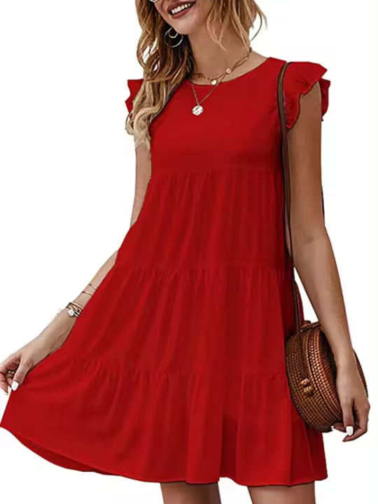 Vestido Mini Elegante Para Mujer Con Volantes Estilo Harajuku Casual Sin Mangas Cuello Redondo A-Line Vintage Para Playa Y Fiestas - 1