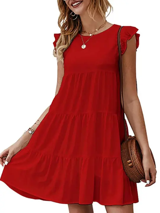 Vestido Mini Elegante Para Mujer Con Volantes Estilo Harajuku Casual Sin Mangas Cuello Redondo A-Line Vintage Para Playa Y Fiestas - 1