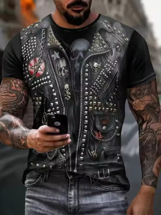 Camiseta De Motociclista 2024 Para Hombres Estilo Vintage Con Impresión 3D Corta Cuello Redondo Oversize Moda De Calle Tejido Poliéster - 1