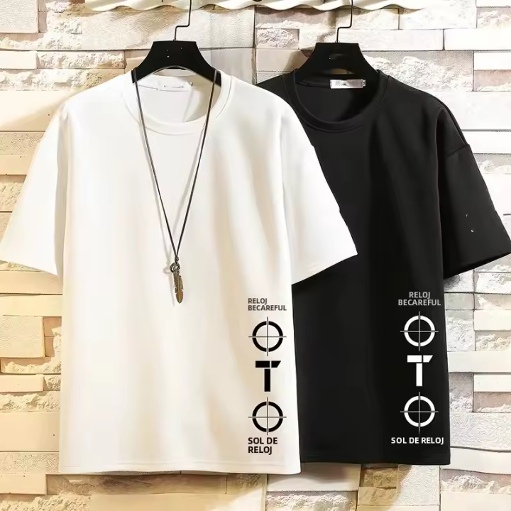 Camiseta De Manga Corta Para Hombre Verano 2024 Estampado Gráfico Negro Blanco Suéter Casual Cuello Redondo Tejido Tat Algodón - 1