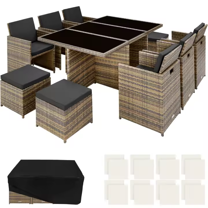Tectake - Conjunto de ratán sintético Nueva York  Cojines mullidos para máximo confort, grosor aprox. 5 cm  Estructura de aluminio, incluye funda protectora y tuercas de acero inoxidable  2 fundas de cojines intercambiables - 1