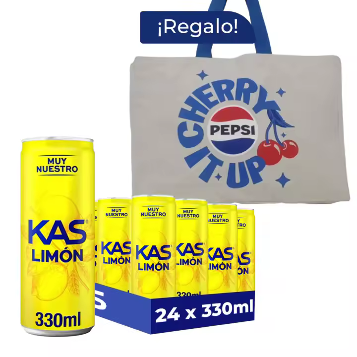 Pack Regalo Kas Limón 24 Latas x 330 ml + Tote Pepsi, Refresco de Zumo de Limón, Intenso Sabor Cítrico, Bebida Refrescante con Gas, Ideal para Compartir y Refrescarte en Cualquier Momento - 1