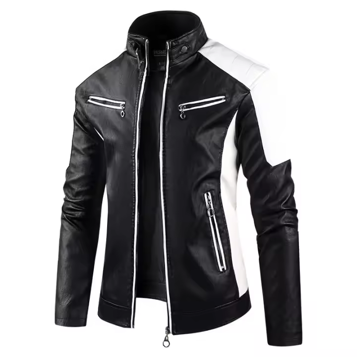 Chaqueta De Motocicleta Para Hombres Cuero PU Color Bloqueado Cuello Erguido Casual Ropa De Moto Equipamiento De Motocicleta - 1