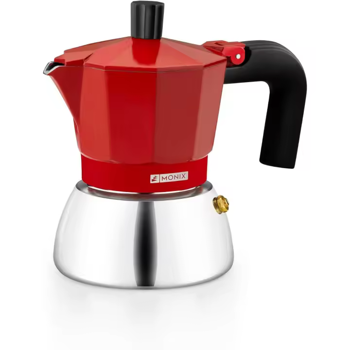 Monix Induction Inox Cafetera Italiana de Aluminio y Acero Inoxidable, 3 / 6 / 9 Tazas de Capacidad, Mango Termorresistente, Fácil de Lavar, Apta para Todo Tipo de Cocinas Incluida Inducción - Color Rojo y Negro - 1