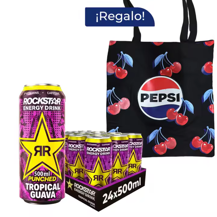 Pack Regalo Rockstar Guava 12 Latas x 500 ml + Tote Pepsi, Bebida Energética con Guayaba, Burbuja Fina y Duradera, Bebida Carbonatada, Energy Drink con Cafeína, Vitaminas B, Guaraná y Taurina, Latas 100% Reciclabes - 1