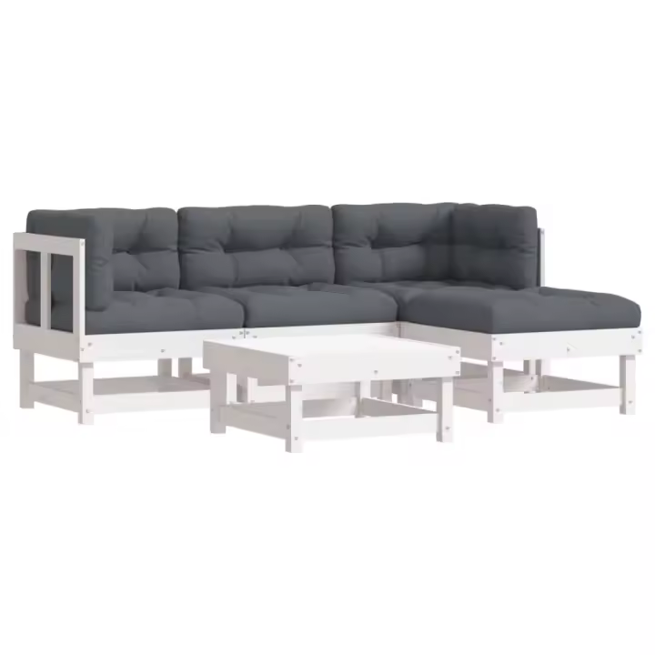 vidaXL Juego de muebles jardín 5 piezas y cojines madera maciza blanco - 1