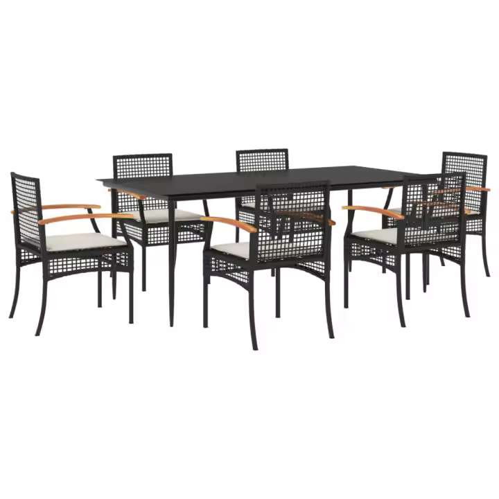 vidaXL Set de comedor de jardín 7 pzas y cojines ratán sintético negro - 1