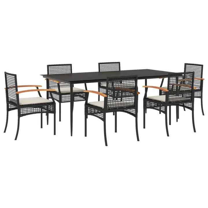vidaXL Set de comedor de jardín 7 pzas y cojines ratán sintético negro - 1
