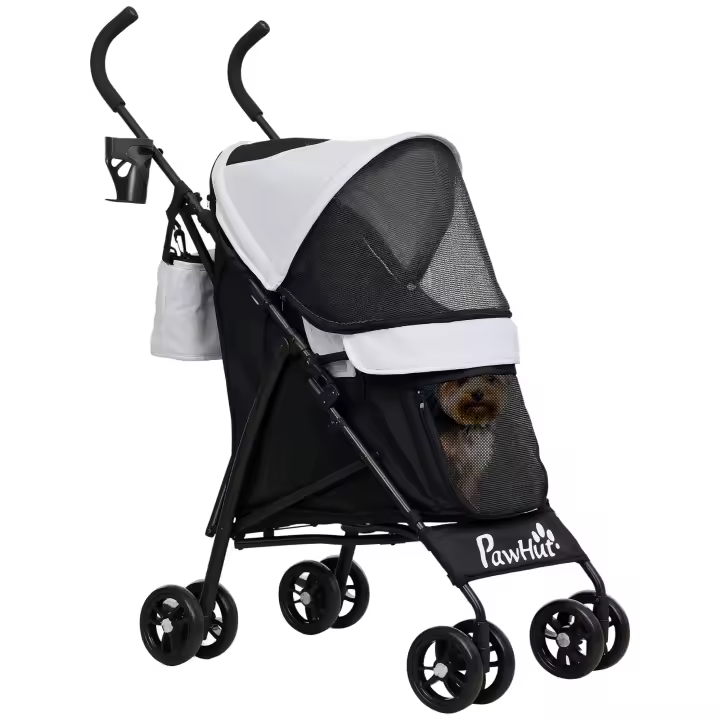 PawHut Cochecito para perros, cochecito para perros de 4 ruedas, carrito para perros, estructura tipo paraguas, ligero, plegable, ruedas de EVA, bolsa de almacenamiento, cochecito para gatos con capacidad de carga de 4 kg, gris claro - 1