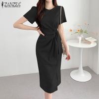 Vestido Bodycon Elegante De Verano ZANZEA Para Mujer Con Manga Corta Y Brecha En El Costado Vestido De Trabajo OL Con Cierre De Cremallera Y Decoración De Encaje Vestido Midi De Polyester - details 7