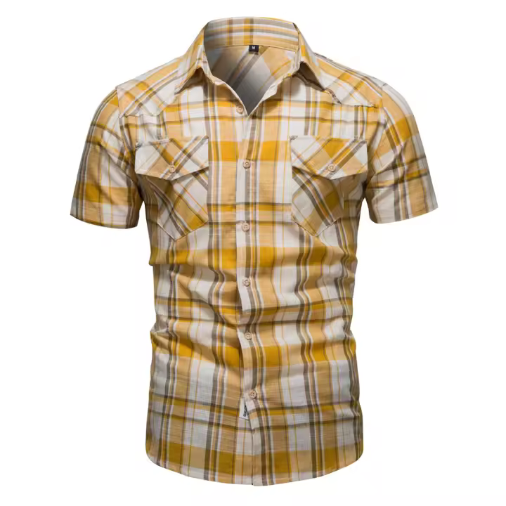 Camisa a cuadros nueva de verano para hombre, Top informal de negocios con bolsillo, Top de manga corta con solapa - 1