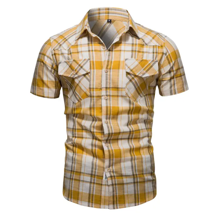 Camisa a cuadros nueva de verano para hombre, Top informal de negocios con bolsillo, Top de manga corta con solapa - 1