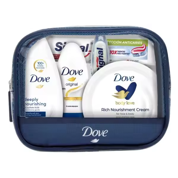 DOVE Neceser de Viaje para Mujer Dove Gel + Desodorante + Crema Hidratantel + Dentífrico y cepillo - 1