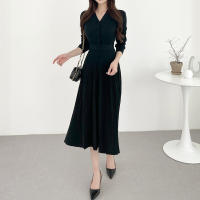 Vestido De Suéter Tejido Para Mujer Estilo Vintage A-Line Cuello V Manga Regular Botones Mid-Calf Talla Suave Otoño Invierno - details 9
