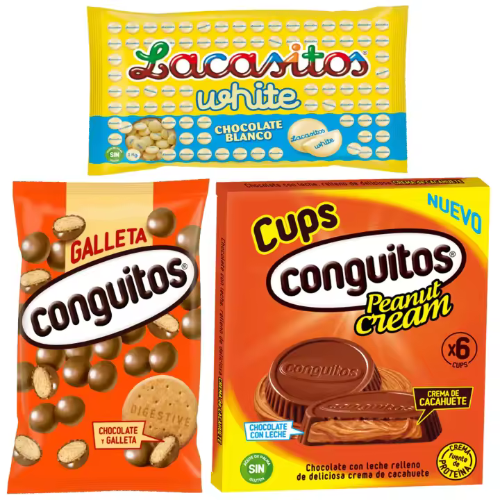 Pack Conguitos cups leche pack 3x34g, galleta leche bolsa 1kg,Lacasitos white bolsa 1kg - 1