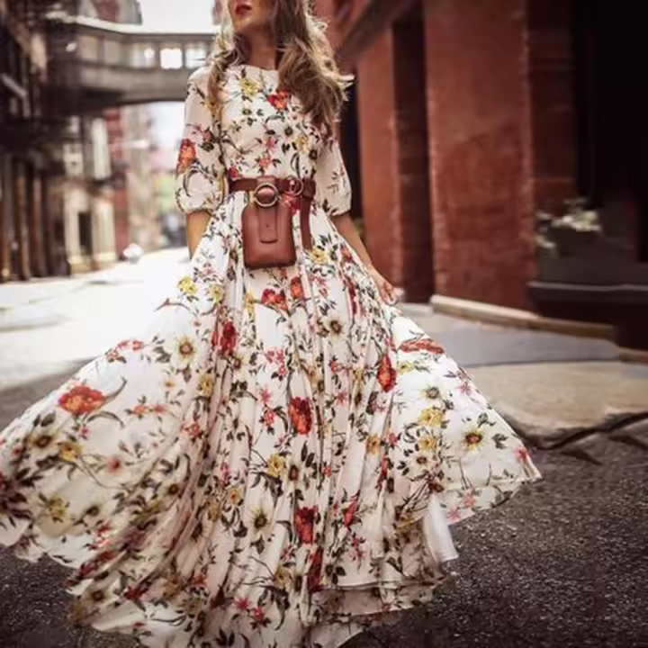 Vestido Elegante De Maxi Estampado Floral Para Mujer A-Línea Cintura Alta Manga Corta Estilo Bohemio Vestido Largo - 1