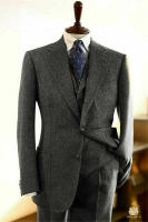 Traje De Boda Gris De 3 Piezas Con Notch Lapel Dos Botones Tweed Herringbone Formal Para Hombres Hecho a Medida Peaky Blinders - details 3