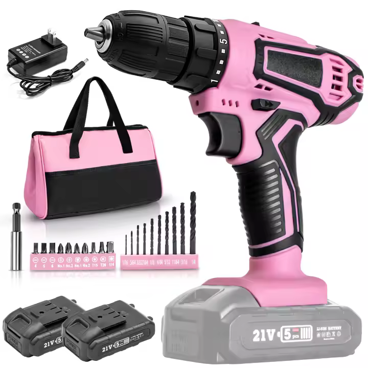 Destornillador inalámbrico de alta potencia, taladro eléctrico recargable, batería de litio, velocidad de 1400rpm, herramientas multifuncionales, taladro de impacto 25 + 1 par 21 V bolsa de diamante rosa juego integrado - 1