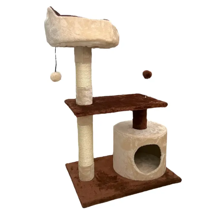 Árbol rascador para gatos, 56x41x87cm, Centro de Múltiples Actividades de Mascotas con Postes Sisal Plataformas Caja Bola Colgante Estilo Elegante Beige Marrón, Dos bolas de juego, Gato rascador de sisal, Cama gato divertido para tus pequeños. - 1