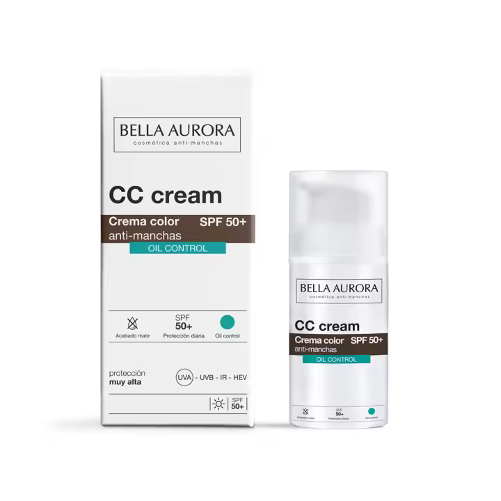 Bella Aurora Crema Facial Anti-Manchas Oil Free SPF 50+ | CC Cream | Protector Solar Anti-Manchas | Matifica la Piel | Piel Grasa o Mixta | 30 ml - 1
