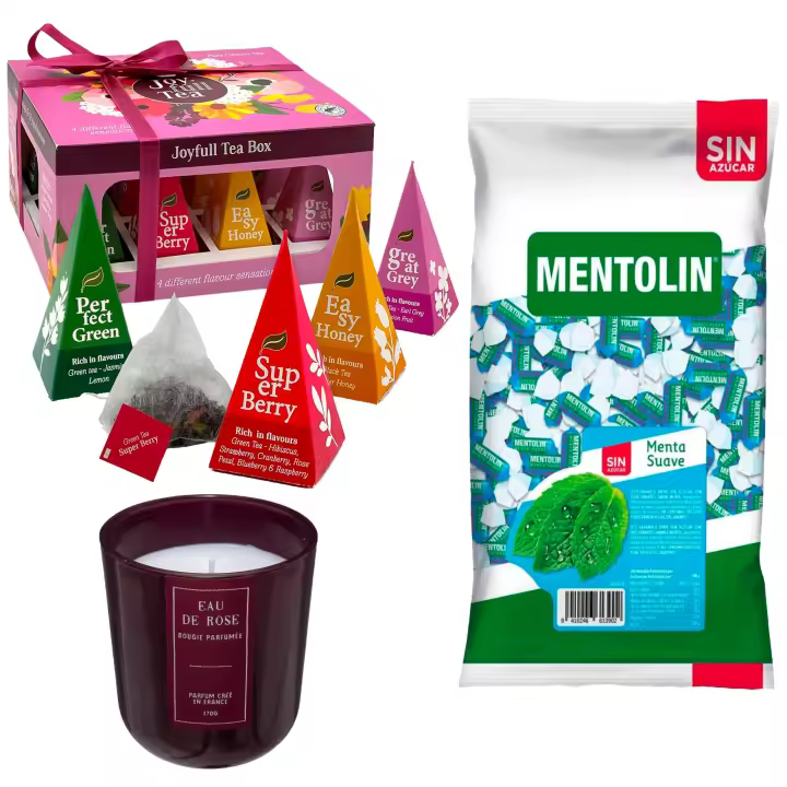 Pack bienestar: MENTOLIN MENTA SUAVE S/A BOLSA 1KG + Vela perfumada en vidrio rosa de silicona 170 g + Caja de Té Joyfull con variedad de sabores - 1