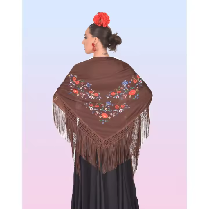 Mantón Marrón Bordado multicolor con Flecos marrones Anuka - 1
