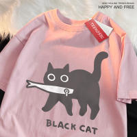 Camiseta De Algodón Oversize Para Hombres Y Mujeres Con Diseño De Gato Negro Comiendo Pescado Estilo Japonés Camiseta De Moda Imprimida Transpirable Para Verano - details 10