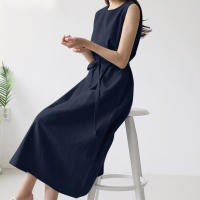 Vestido Largo De Verano Para Mujer Estilo Vintage De Algodón Y Lino Cuello Redondo Sin Mangas Cinturado Talla Grande Casual - details 4