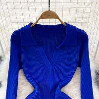 Vestido Largo A-Line Elegante De Cintura Alta Con Escote En V Para Mujer REALEFT Knitted Wrap Vestido De Poliéster Otoño Invierno - details 1