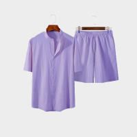 Nuevo Set De Verano Para Hombres Con Camisa De Cuello Alto Y Shorts De Playa De Color Sólido Streetwear De Alta Calidad 2 Piezas 2023 - details 6