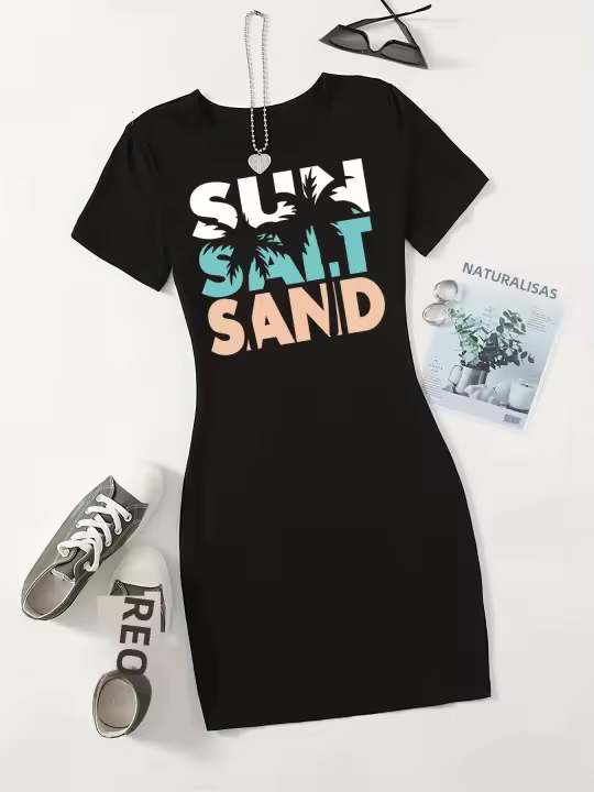 Camiseta De Verano Para Mujer SUN SAIT Con Estampado De Arena Ajustada Manga Corta Cuello Redondo Vestido Mini Casual - 1