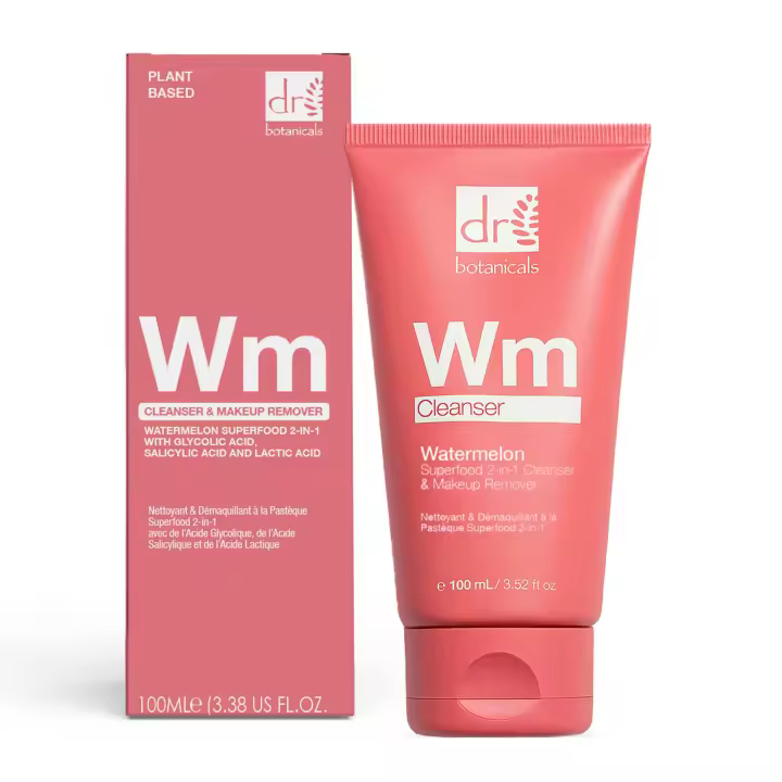 Dr Botanicals - Limpiador y Desmaquillante 2 en 1 de Sandía con Ácido Glicólico, Salicílico y Láctico 100 ml, Exfoliante para Poros Obstruidos, Textura Áspera y Piel Apagada - 1