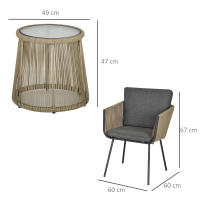 Outsunny Conjunto de Jardín Exterior de 3 Piezas Juego de 2 Sillas y Mesa de Ratán con Cojines Acolchados y Encimera de Vidrio para Balcón Terraza Café y Gris - details 2