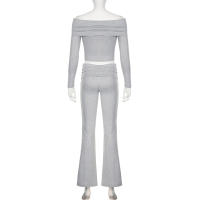 HEYounGIRL Conjunto De Camiseta Y Pantalones Flares De Manga Larga Hombro Descubierto Estilo Casual Streetwear Slim Para Mujer Otoño Invierno - details 2
