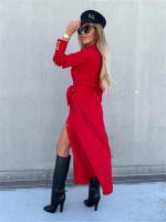 Vestido Largo Para Mujer De Otoño E Invierno Con Cuello V Y Botones Estilo Oficina Midi Color Sólido Cardigan De Manga Larga Tamaño S-3XL - details 25