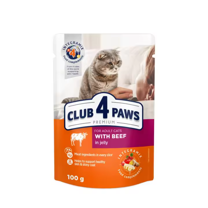 Comida húmeda completa para para gatos adultos CLUB 4 PAWS PREMIUM -carne de vaca en gelatina PACK 24*100g - 1