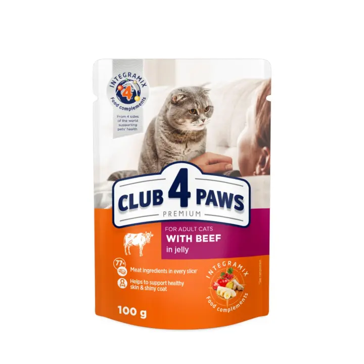 Comida húmeda completa para para gatos adultos CLUB 4 PAWS PREMIUM -carne de vaca en gelatina PACK 24*100g - 1
