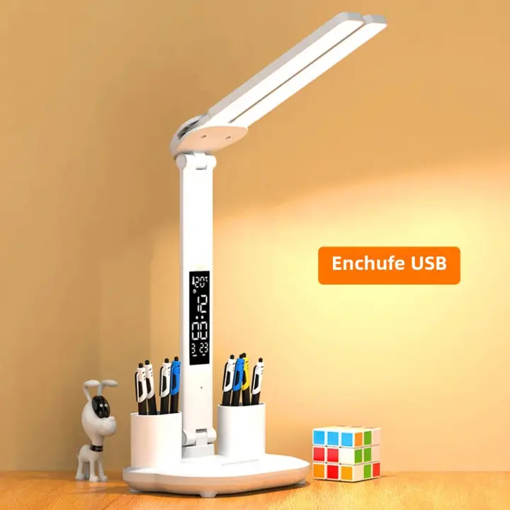 Lámpara De Mesa LED Doble Cabezal Multifuncional Ajustable Con Calendario Y Reloj USB Para Lectura En La Habitación Luz De Noche Lateral - 1