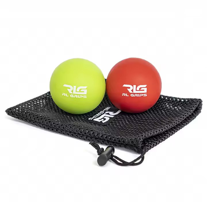 RLGrips® Pack de 2 Pelotas de Masaje Miofascial para Espalda Cuello y Piernas - Bolas de Lacrosse para Automasaje y Rehabilitación de 6,3mm Verde y Rojo - 1