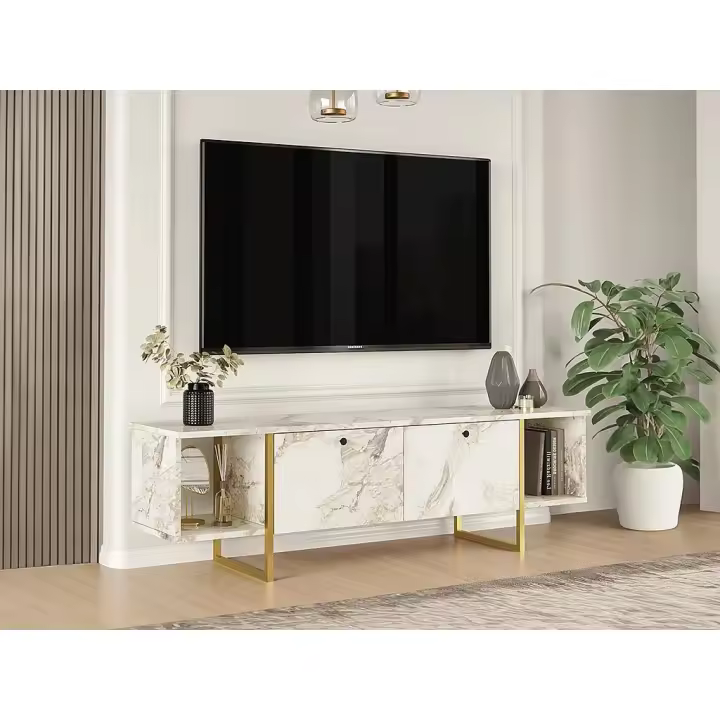 Vente-unique - Mueble de TV 2 puertas y 2 estantes - Efecto mármol blanco y dorado- DERANA - 1