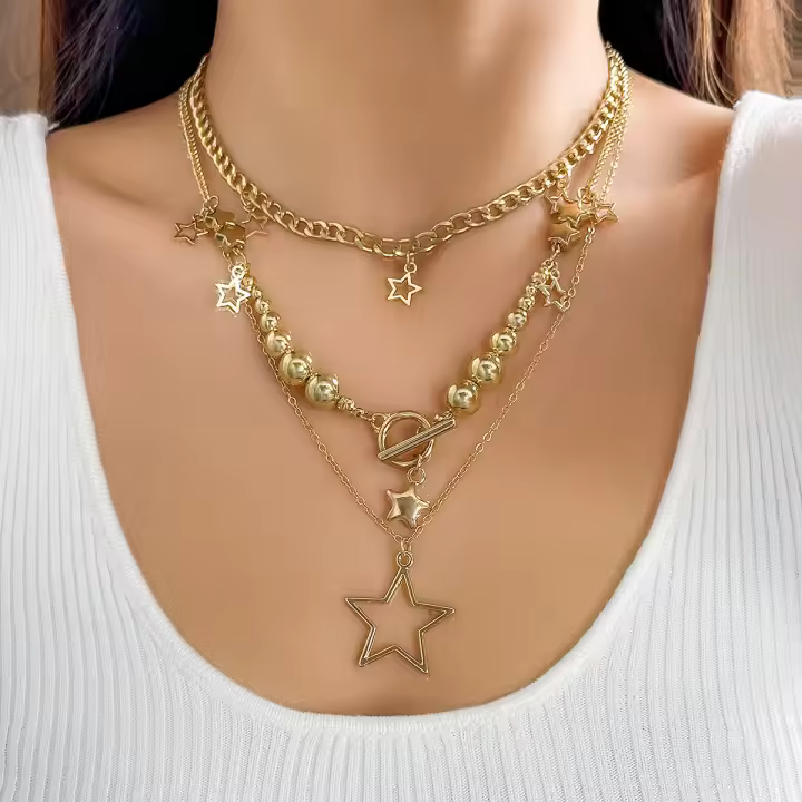 Collar Colgante Estrella Y2K Moda Punk Irregular Con Bolas Y Cadena Multicapa Para Mujer Joyería De Moda Collar De Fiesta - 1