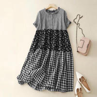 ZANZEA Vestido Largo a Cuadros Para Mujer Estilo Vintage Manga Corta Holgado Manga Regular Poliéster Y Algodón Vestido De Verano De Fiesta - details 1
