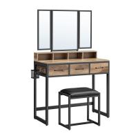 Tocador con espejo triple, taburete acolchado incluido, soporte para secador, con 3 cajones, mesa de maquillaje, varios colores - details 12