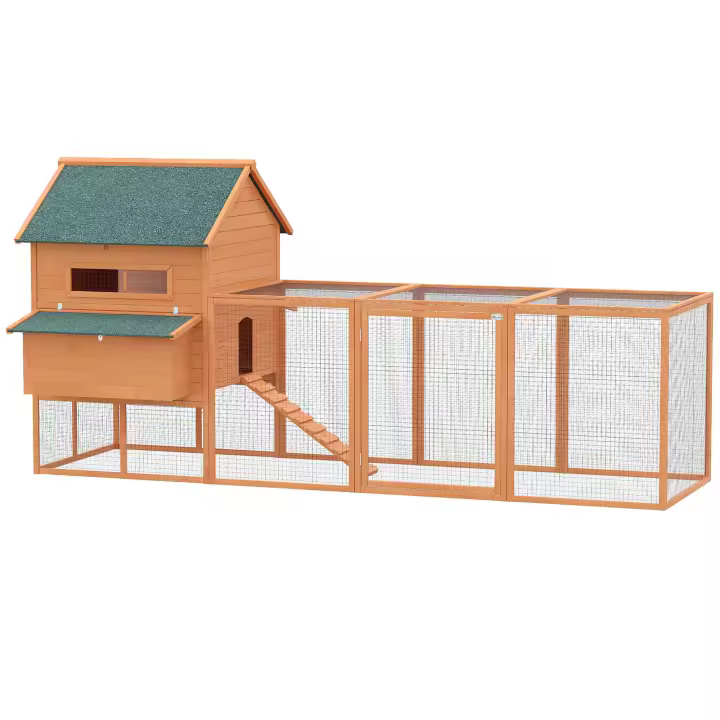 PawHut Gallinero de Exterior Madera Jaula Grande para 8-10 Gallinas Pollos con Recinto Corredor 2 Nidos Techo Asfáltico Bandeja Extraíble y Rampa 347x160x150 cm - 1