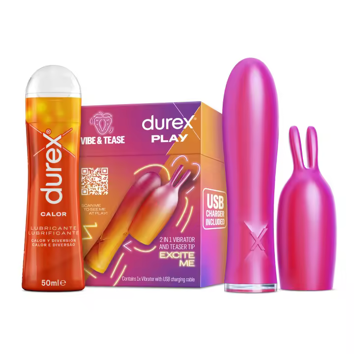 Durex Conejito Vibrador 2 en 1 VIBE & TEASE + Lubricante Efecto Calor 50 ml, Punta Estimuladora, Juguete Sexual para Mujer, Hombre y Pareja - 1