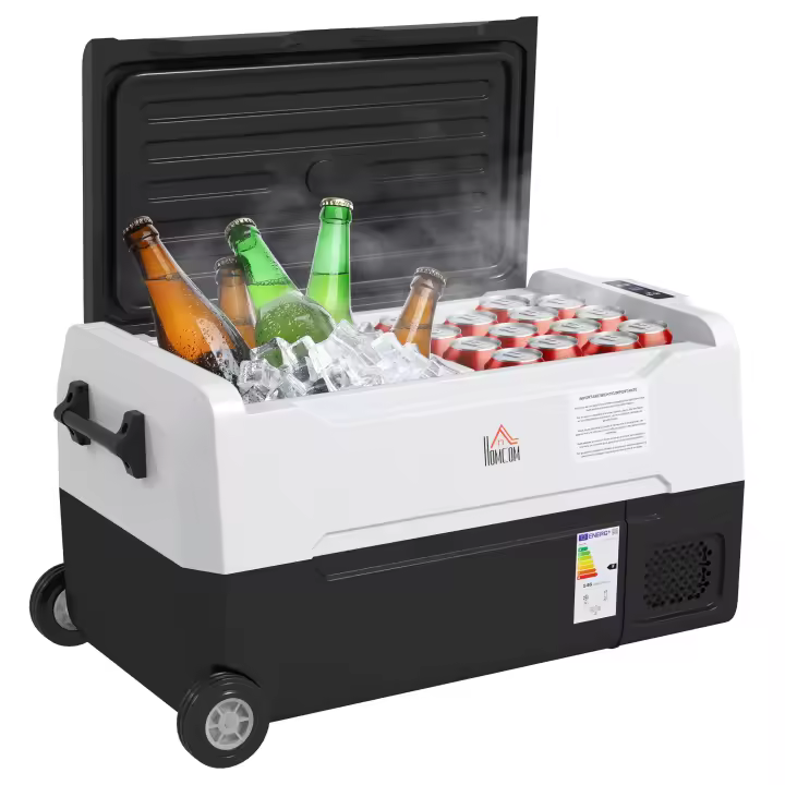 HOMCOM Nevera Compresor Portátil 30,5L Refrigerador de Coche -20℃-20℃ 12 / 24V DC y 100-240V CA con 2 Ruedas Asas y Compartimento Congelador para Camping Viajes 72,6x39x37,3 cm Negro - 1